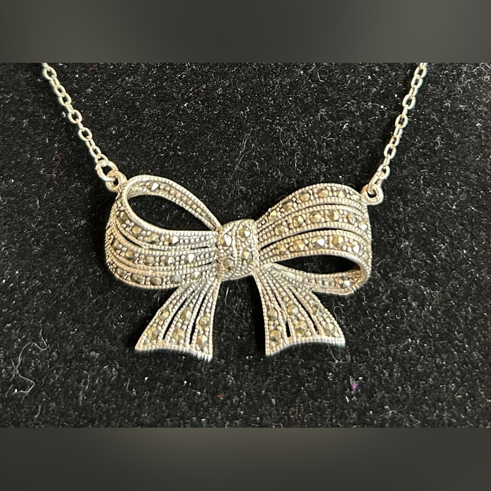 Sterling Silver 925 and Marcasite Bow Pendant Necklace